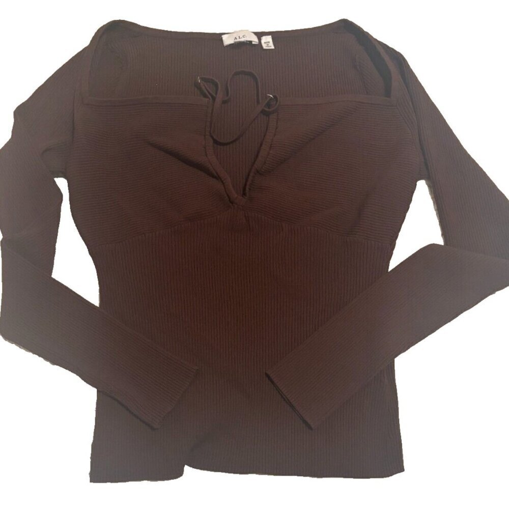 A.L.C. Alc Women's Brown "Annabelle" Ribbed Knit Long Sleeve Cutout Top L $375 - Picture 5 of 9